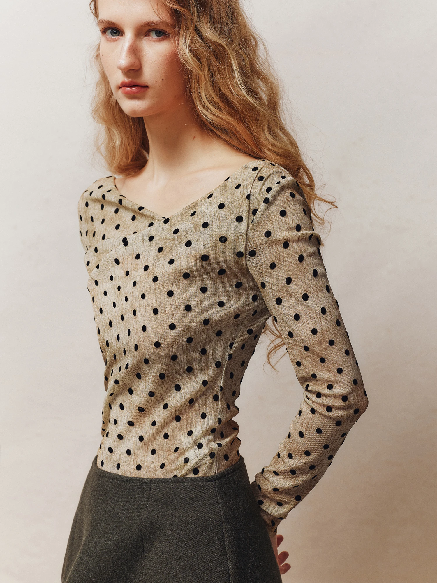 Office Siren Polka Dot Flocking Elastic Net Print T Shirt Sexy Open Neck Pleated Waist T Top for Women Breathable Long Sleeve