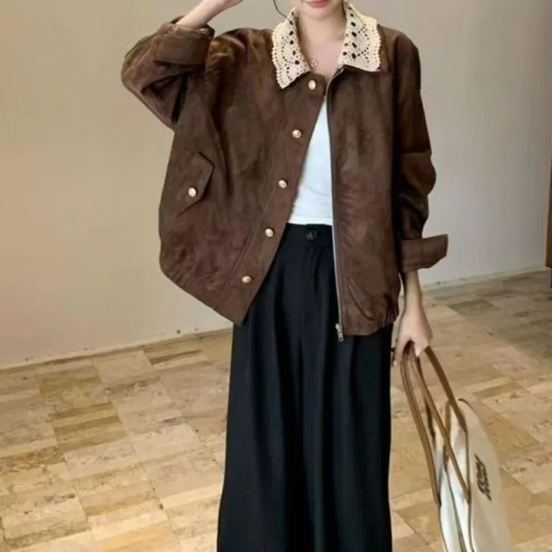 2026 New Women Lapel Jacket Vintage Brown Suede Short Coat Loose Detachable Lace Collar Spring Autumn Outerwear