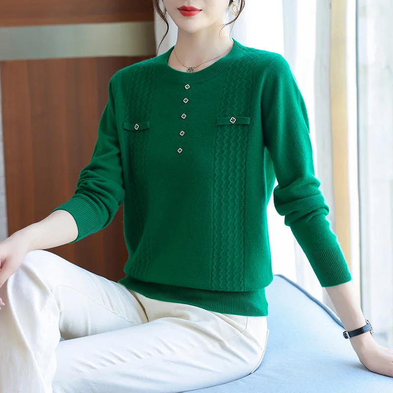 New Basic Women Pollovers Autumn Winter Bottoming Top Fashion Round Neck Versatile Commuter Middle Aged Mother Knitted Sweater