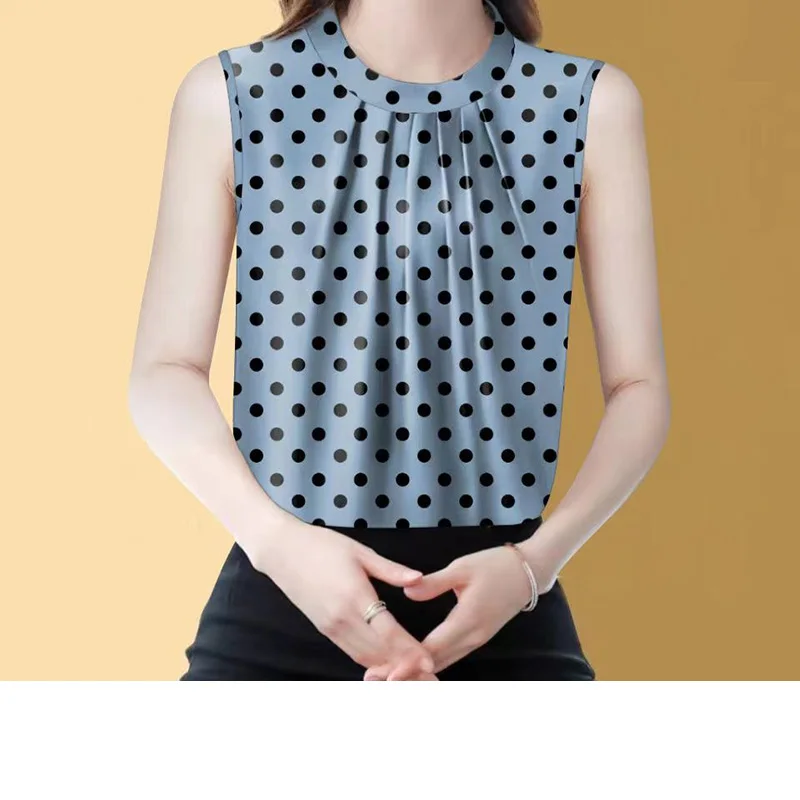 Elegant Printed O-Neck Sleeveless Folds Polka Dot Blouse Women's Clothing 2024 Summer New Casual Tops Commute Shirt