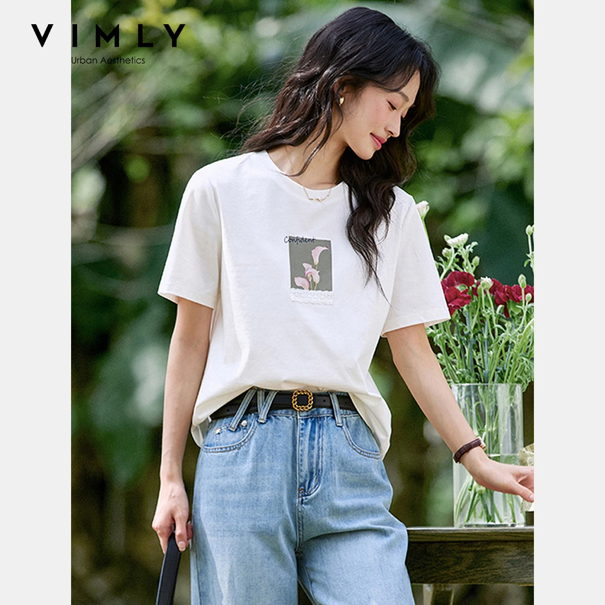 

VIMLY Printed Short Sleeve T Shirts For Woman Simple Graphic T-shirts Women's Summer Tops 2025 White Loose Crew Neck Tees A1535