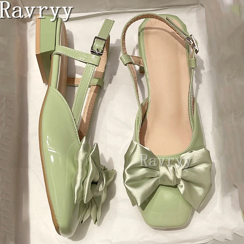 

Satin Butterfly Knots Green Sandals Square Toe Low Heel Fairy Style Girl's Shoes Summer New Design Fresh Dress Sandals