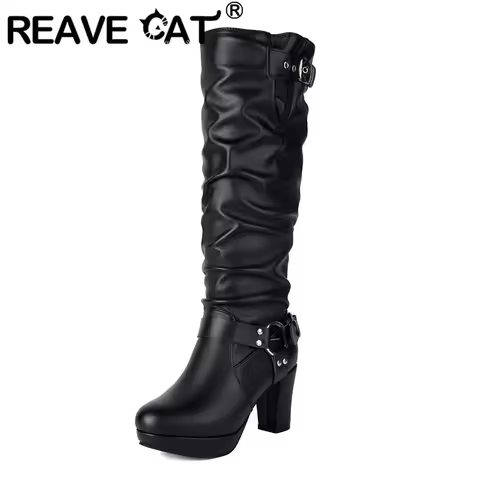 REAVE CAT Women Knee High Boots Round Toe Chunky Heels 7.5cm Platform 2cm Slip On Decoration Size 44 45 Party Booty