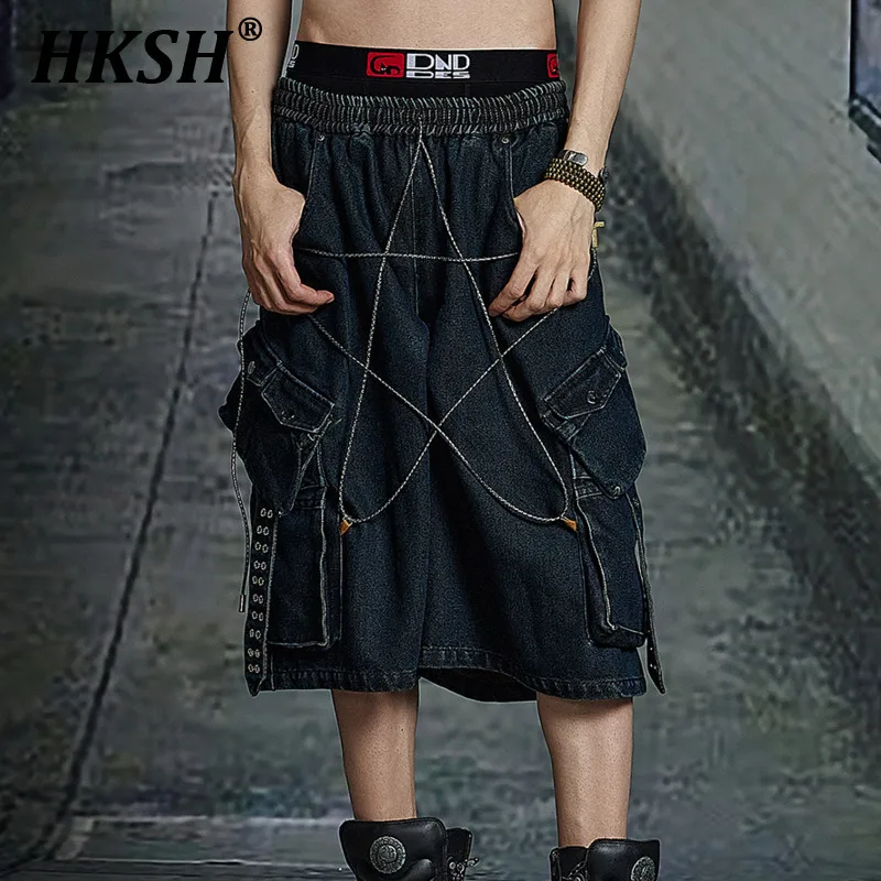 HKSH American High Street Original Design Pentagram Heavy Industry Water Washing Vintage A Type Cropped Jeans Shorts New HK1478