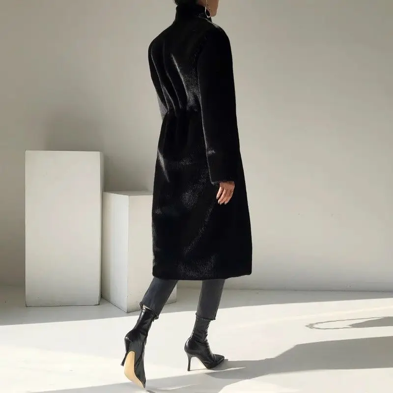 Black Fur Coat Women Luxury Brand Faux Fur Trench Coat Mid-length Jacket Soft Lace-up Collar Autumn Winter Outerwear Trendy New