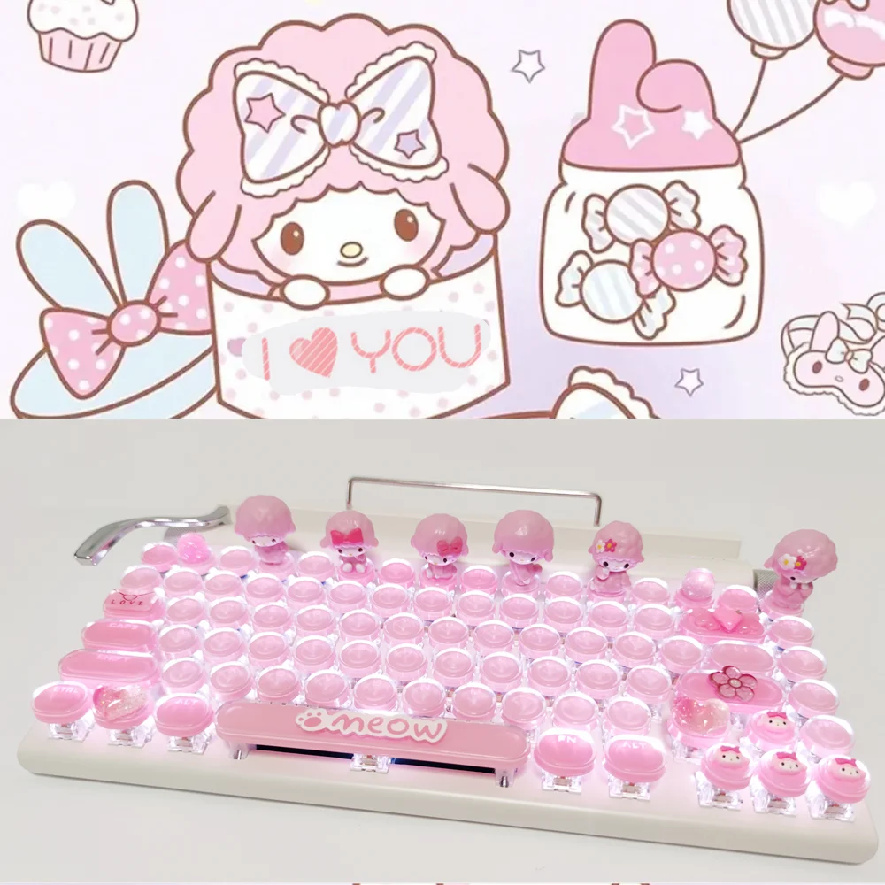 Cartoon Kitty Cat Rabbit pink Bluetooth typewriter keyboard Retro dot 83 key white backlight Wireless wired Mechanical keyboard