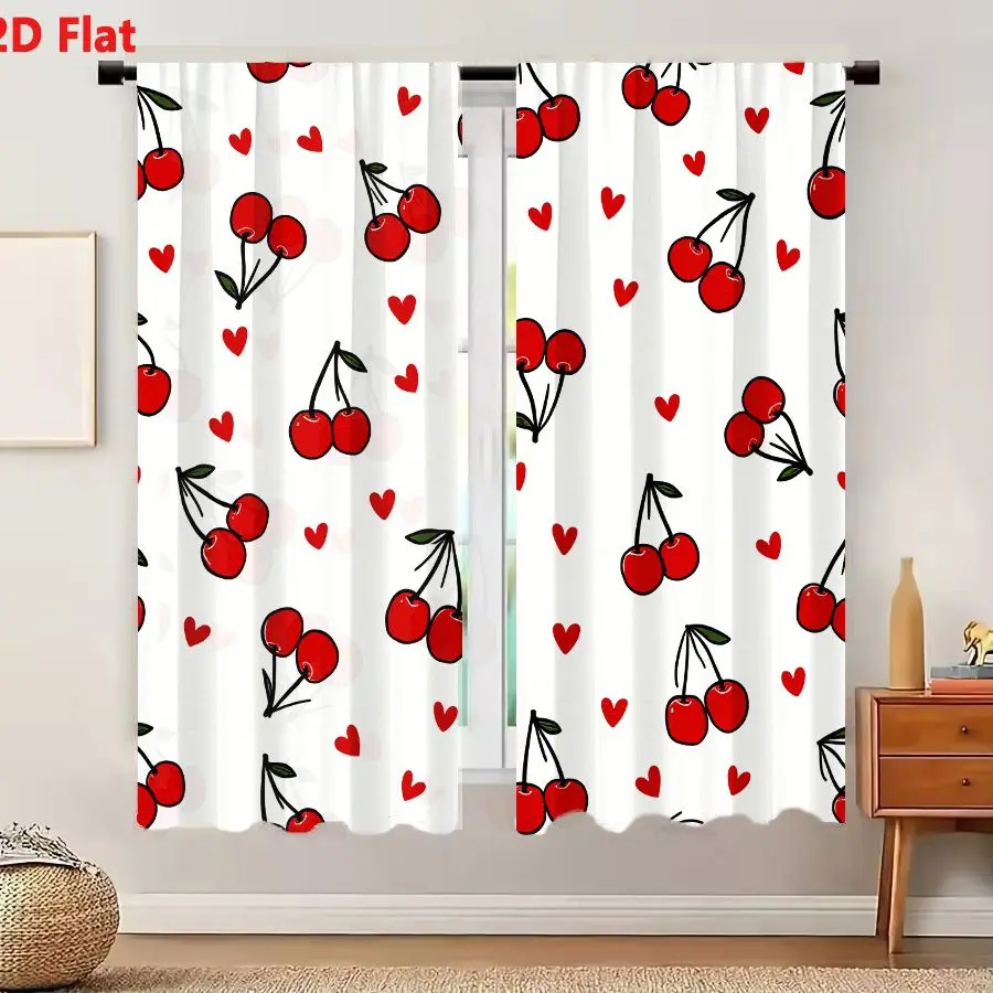 2Pcs Curtains 2D Flat Seamless Pattern Of Bright Red Cherries And Small Solid Hearts On White Background Window Drapes for Bedro