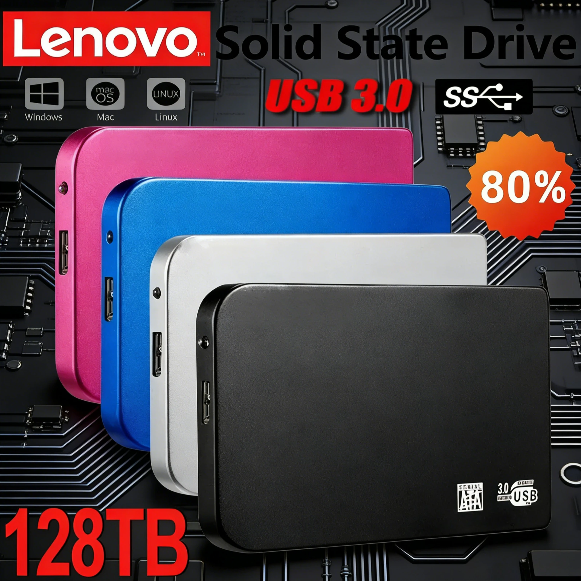 

Lenovo 128TB SSD USB 3.0 High-speed Enclosure Mobile Hard Drive Cases for SSD External Storage HDD Box With USB3.0 Cable ABS