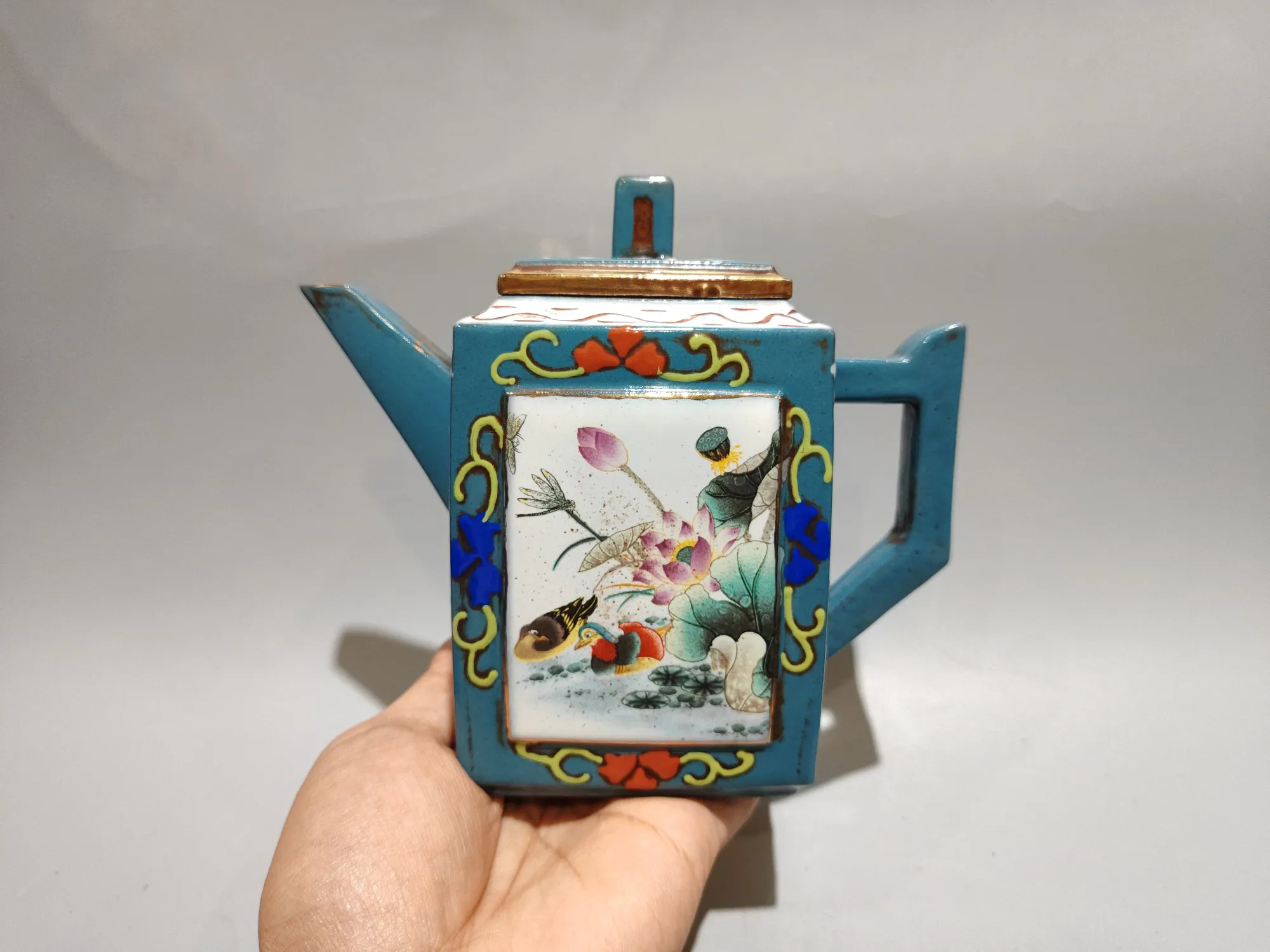 Chinese Yixing Purple Clay Teapot Old Purple Mud Pointillism Flower and bird patterns High square teapot  Teapot Flagon