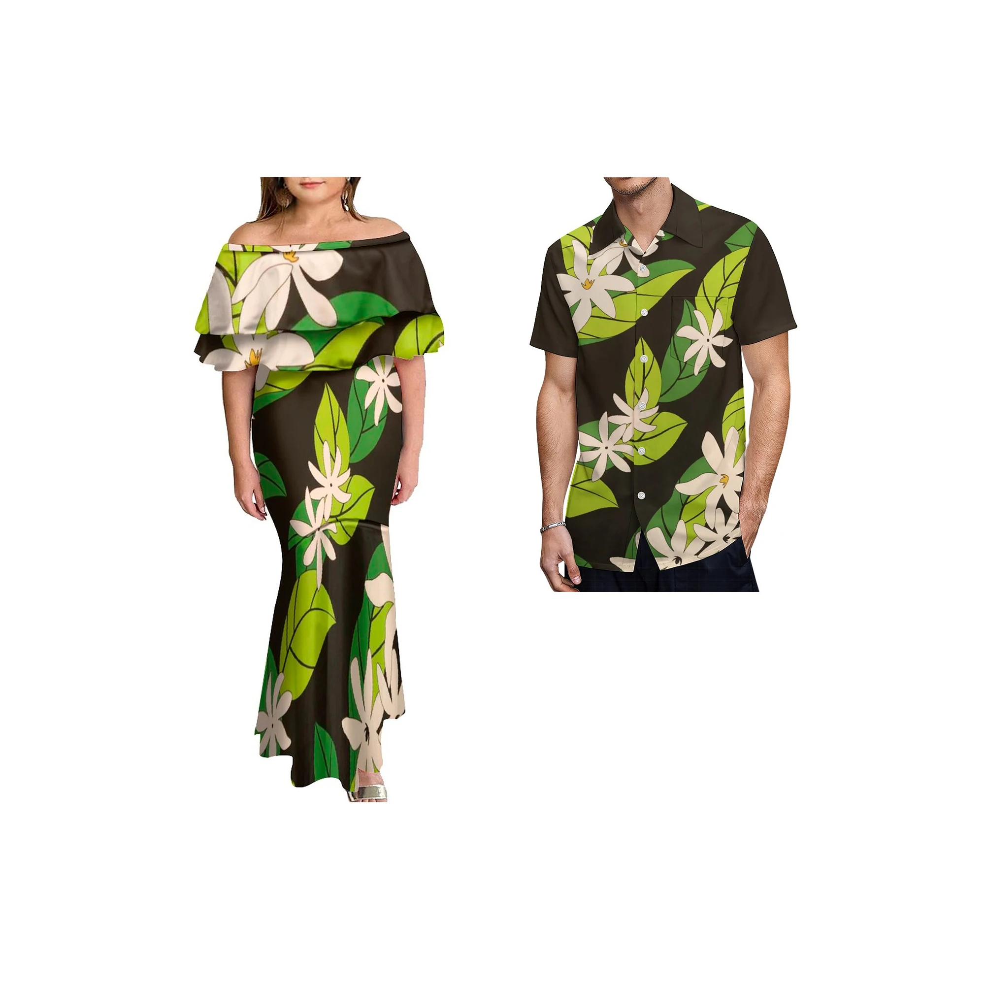 Hawaiian Style Puletasi Ptaha Custom Ruffle Half Shoulder Casual Dress Tops Long Fishtail Skirt Two Piece Set Match Mens Shirts