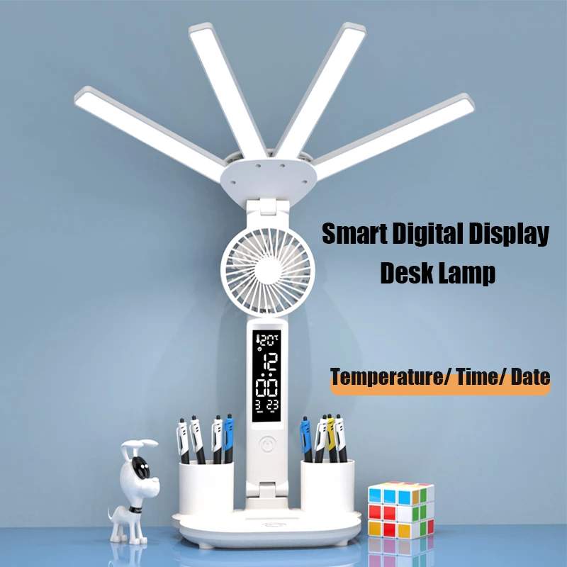 3in1 Multifunction Table Lamp LED Four-headed Folding With Fan Calendar Clock USB Rechargeable Desk light 3 color Reading Lamp