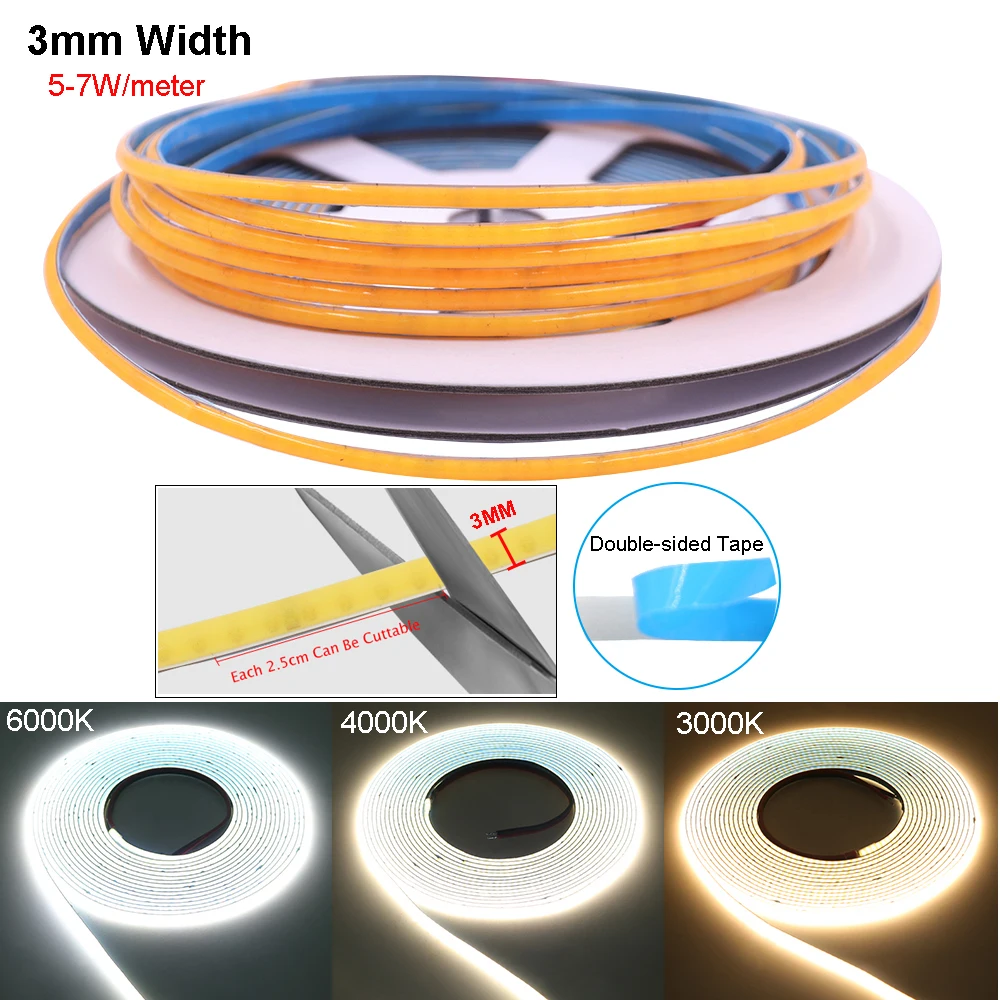 12V 24V COB LED Strip Light Flexible 3mm 5mm 8mm RA 90 384LEDs/m High Bright Tape Light Bar White Warm White Natural White Decor