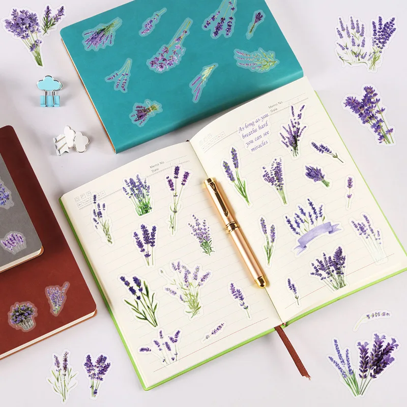 6Pcs Plant Lavender Flower Stickers Booklet Tablet Diary Laptop Helmet Water Bottles Decor Stickers PET PVC Sticker Pack