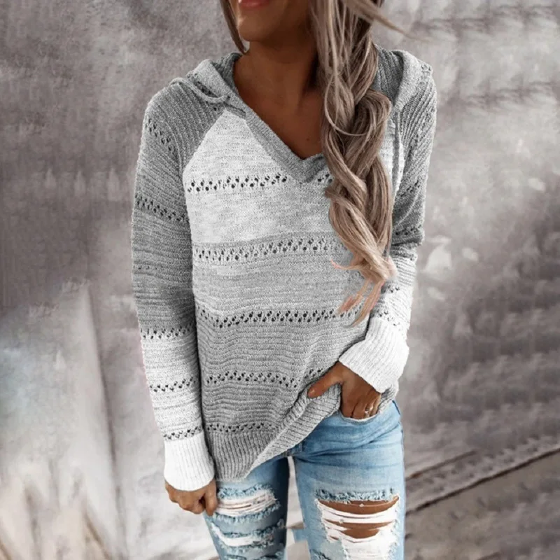 Hot Selling Spot Sweater V-neck Hooded Color Blocked Knit Sweater for Women