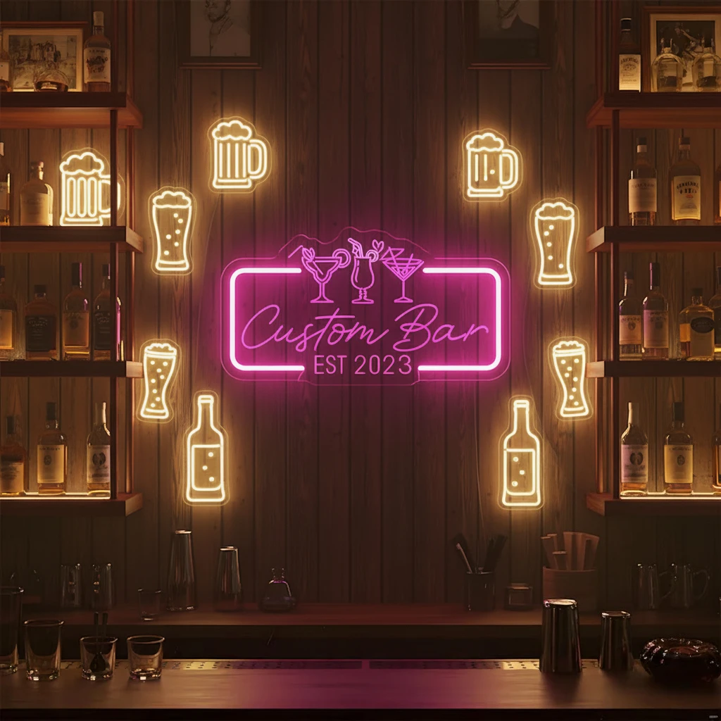 Custom Bar Neon Sign - Engraved LED Neon Light Personalized Bar/Man Cave Wall Decor Cocktail Themed Christmas Gift For Him & Dad