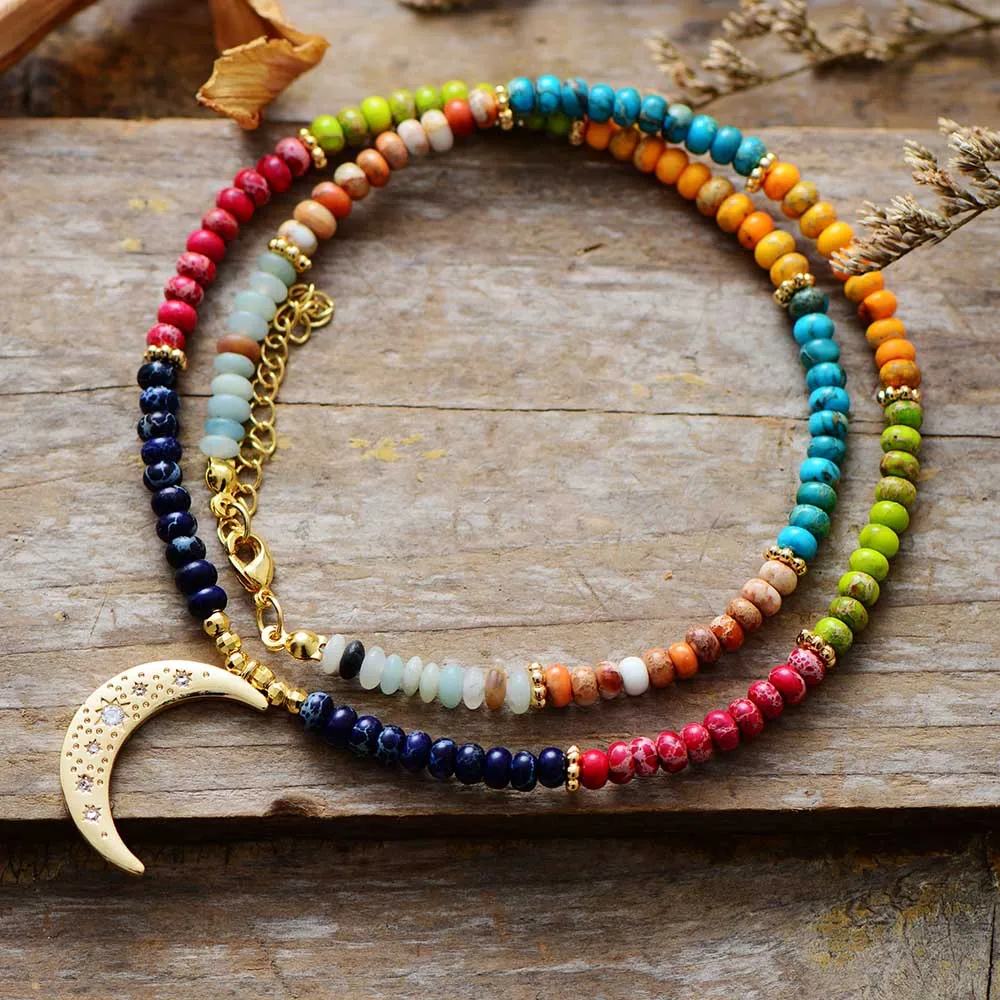 Spiritual Jaspers Beads Moon Pendant 7 Chakra Necklace Designer Women Strand Collar Choker Necklaces Designer Jewelry Bijoux