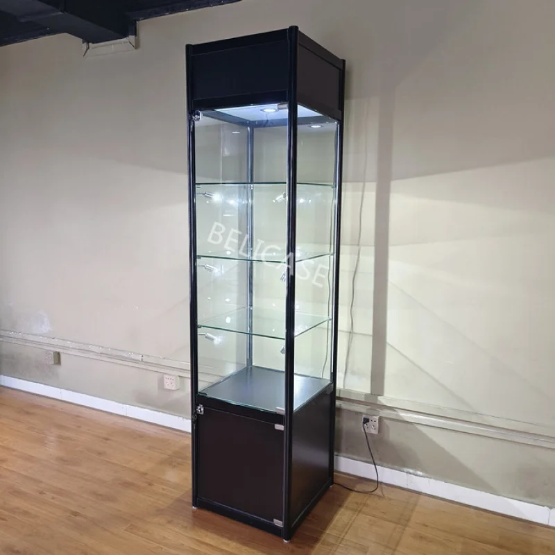 Customized. Factory Custom Commercial Floor Standing Display Showcase Modern Design Glass Tower Aluminum Frame Display Cabinet