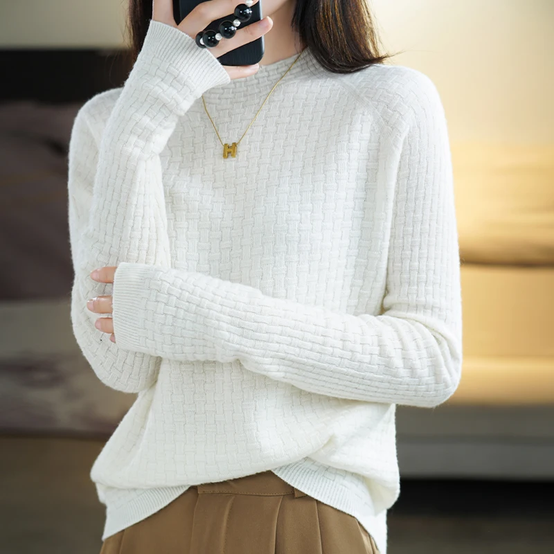 Women's Autumn/Winter 100% Merino Wool One-Line Ready-To-Wear Checkered Half Turtleneck Seamless Knit Sweater Soft And Warm