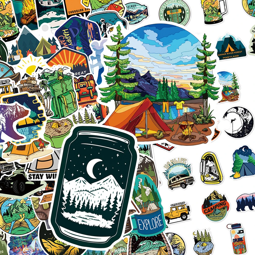 10/30/50pcs Cartoon Forest Hiking Camping Stickers Outdoor Travel Scenery Decals DIY Laptop Suitcase Phone Graffiti Sticker Pack