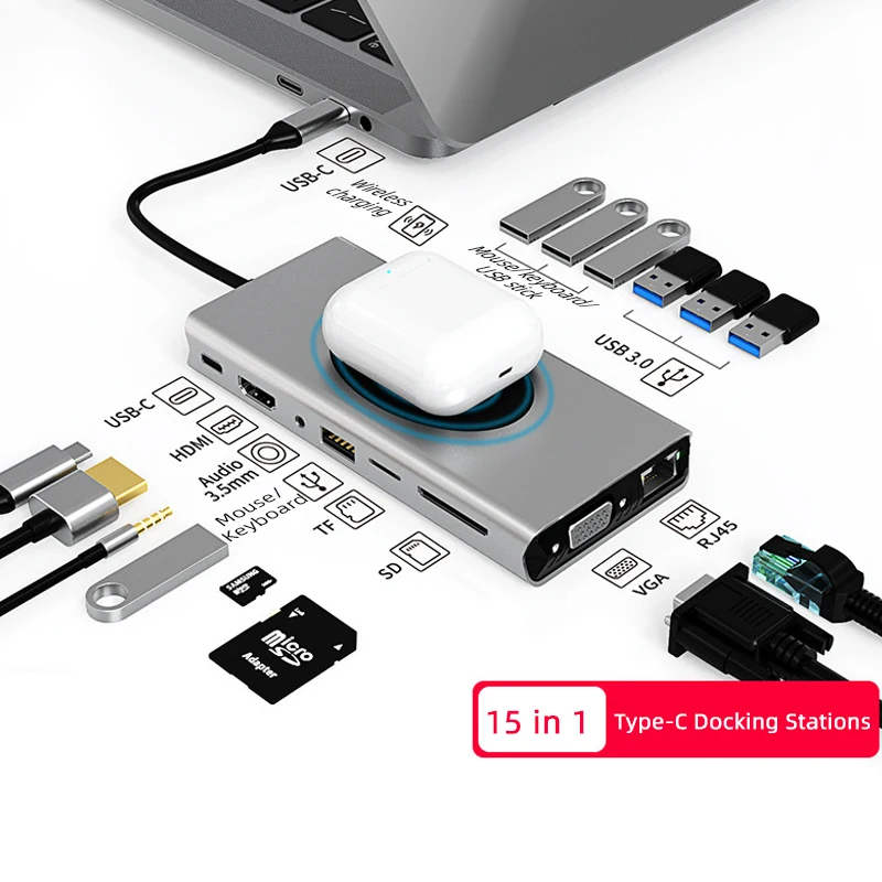 15 In 1 Type-c Docking Station Usb Hub Mobile Phone Wireless Charging Gigabit Expansion Dock Converter 5gbps Transmission