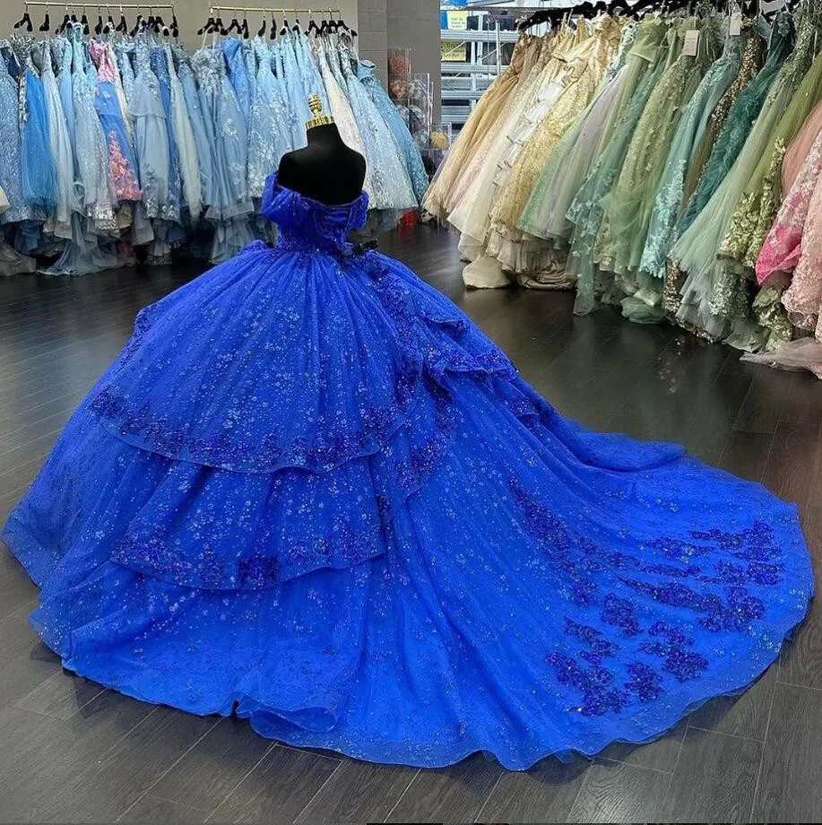 Vestido de quinceañera azul real brillante de lujo, apliques de hombros descubiertos, falda de Gillter, vestido de quinceañera dulce 16, 15