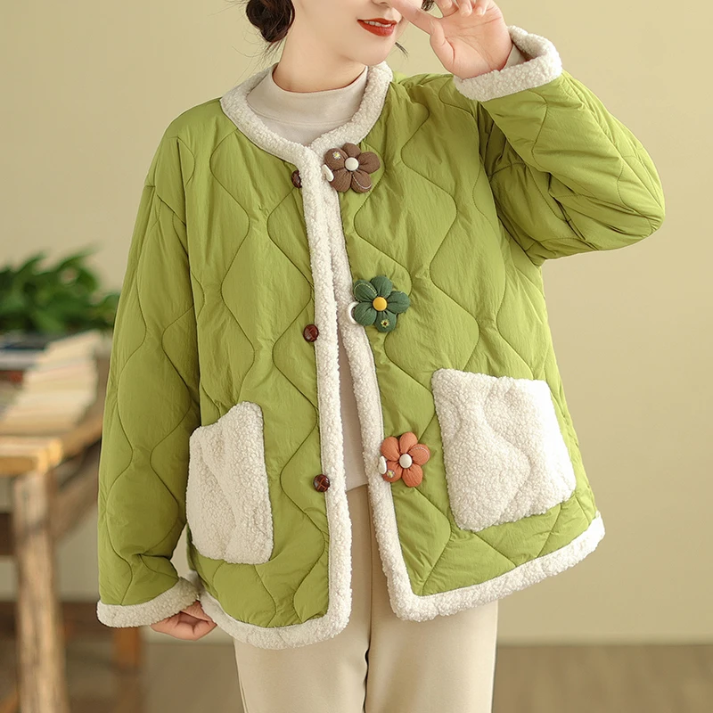 2024 New Autumn Winter Women Loose Coat Casual Outwear Sweet 3D Flower Buttons Thicken Warm Wool Liner Coat Bread Jacket