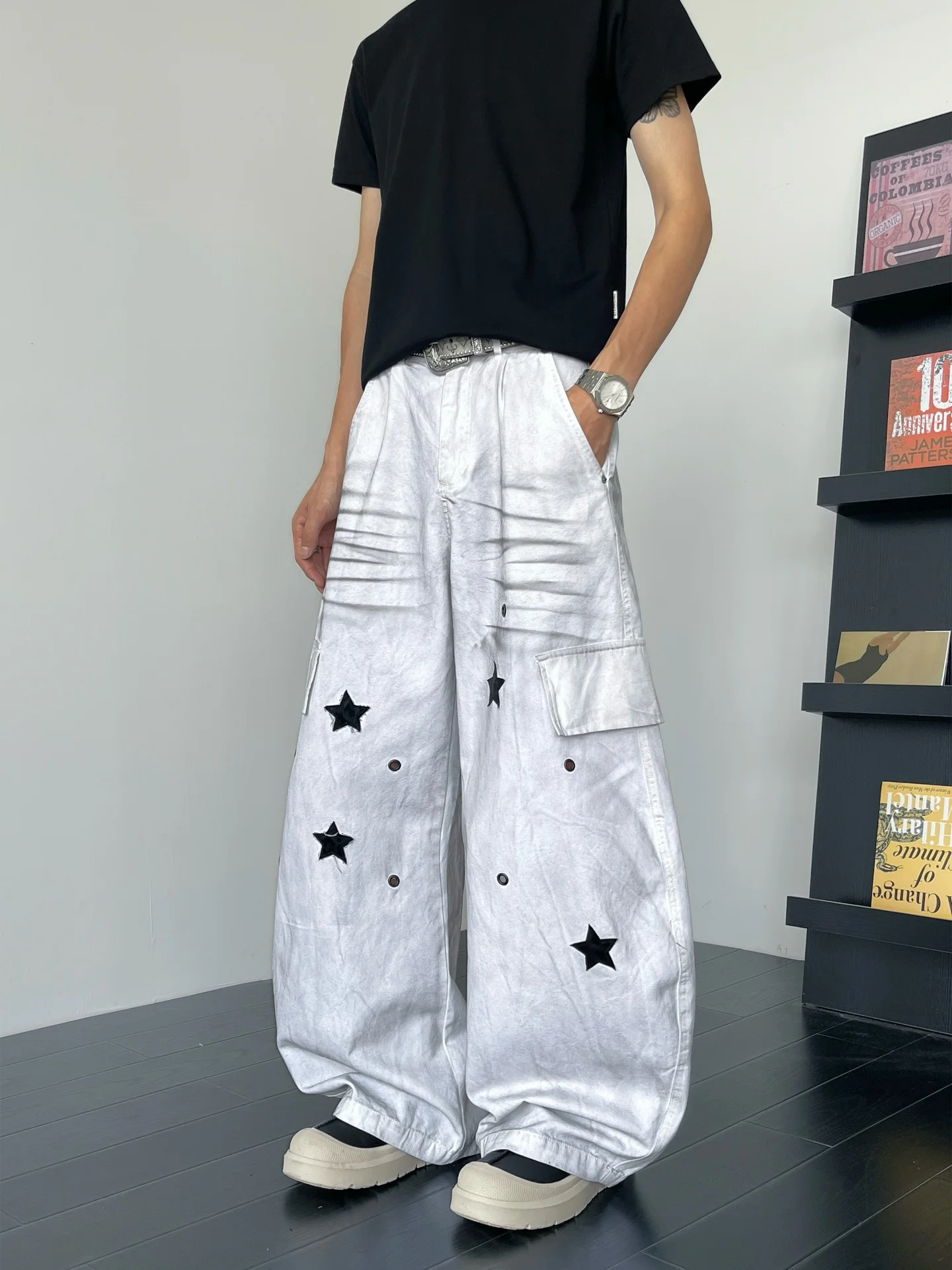 

American High Street Dirty Star White Work Pants Men Summer Weathered Design Loose Wide Leg Knife Jeans Casual Loose Fit