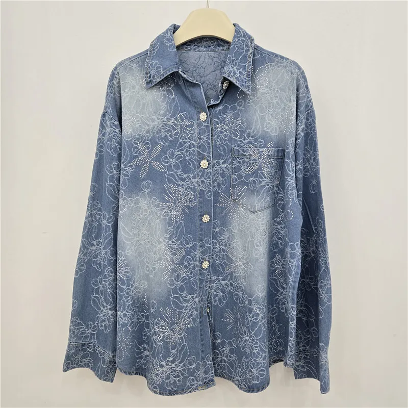 

SuperAen Весна-лето 2026: Новые модные повседневные рубашки с длинным рукавом в европейском и американском стиле для офисных леди, с бисерным декором, из денима