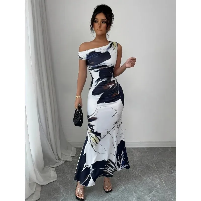 Abito aderente con spalla asimmetrica con stampa floreale Stazione indipendente Gonna lunga senza maniche stile transfrontaliero Vita regolare