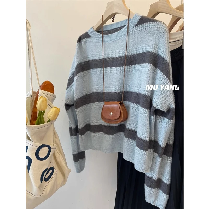 여성용 라운드 넥 긴팔 루즈 풀오버 상의, 스트라이프 할로우, 스위트 시크, 소프트 니트 스웨터, Y2K, 트렌디 대비 색상