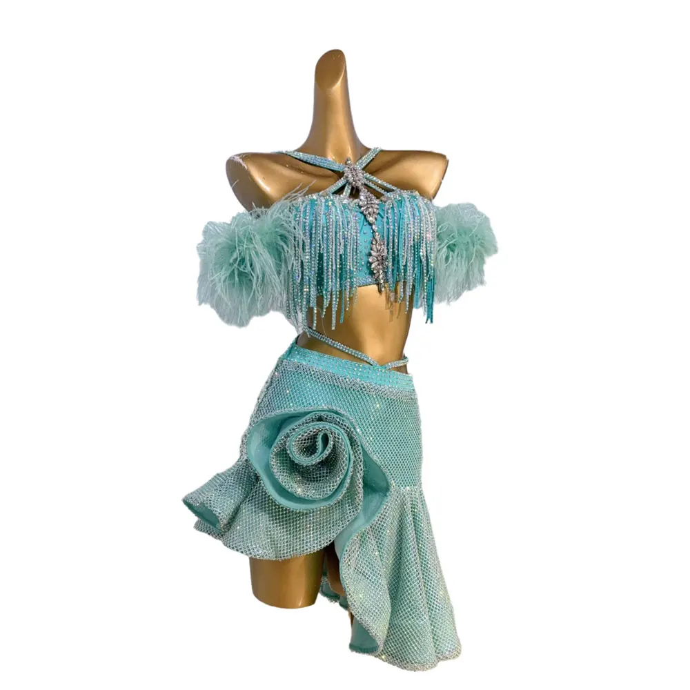 

Латинские танцы со стразами для взрослых и женщин, высококачественная индивидуальная юбка с ромбами на пару, юбка, платье для выступлений самбы