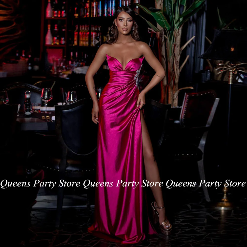 Sexy Evening Dress Fuchsia Prom Gown Sleeveless V Neck Pleat Crystal Stone High Slit Shinny Pageant Party Gown Robe Soiree