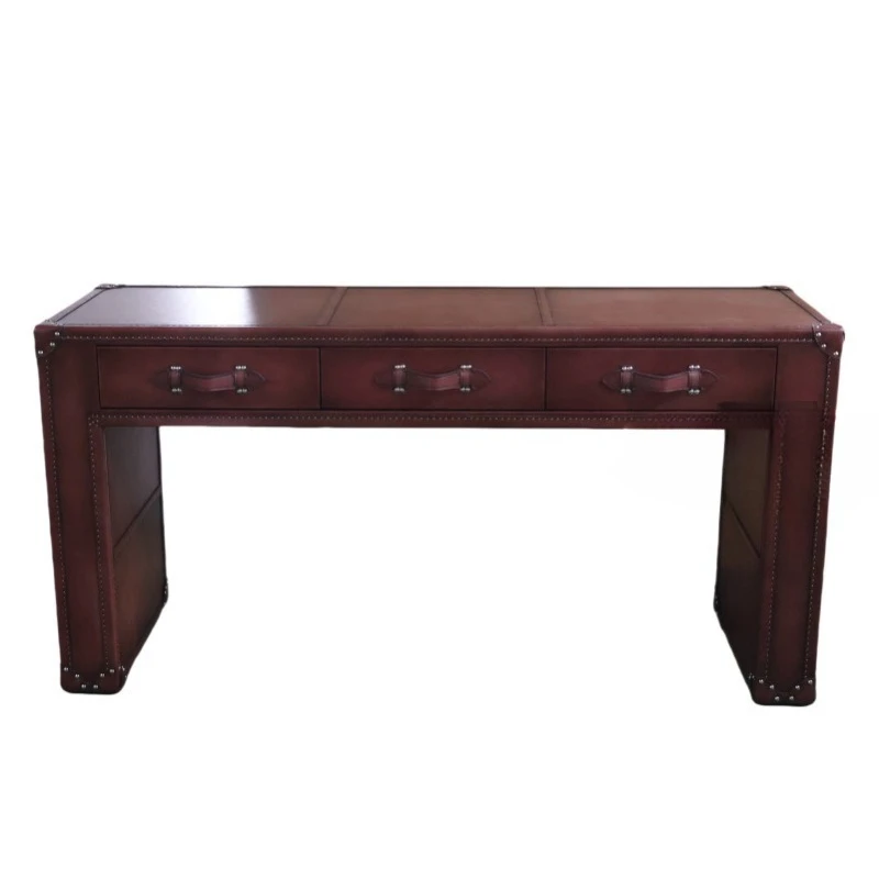 American study desk 3 draw bedroom dresser premium leather antique first layer cowhide living room entrance table decoration