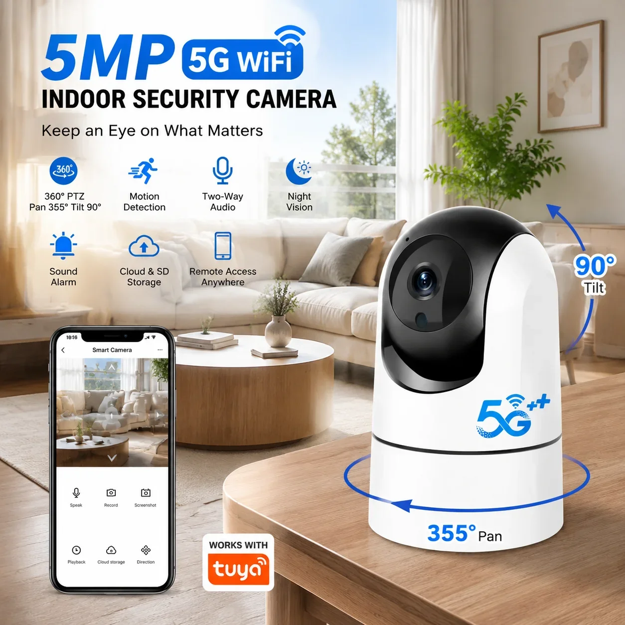 6MP Baby Monitor Camera 5G WiFi Indoor Security Camera Auto Tracking IR Night Vision 6X Zoom Smart Home CCTV Surveillance