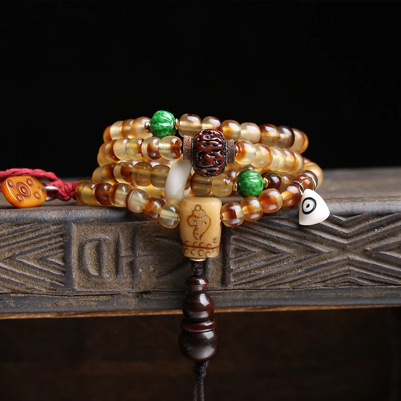 Golden Buddha 108 Pieces, Mountain , Old Bone Three-Way Vajra Bodhi Beads, Ox Horn Accessories