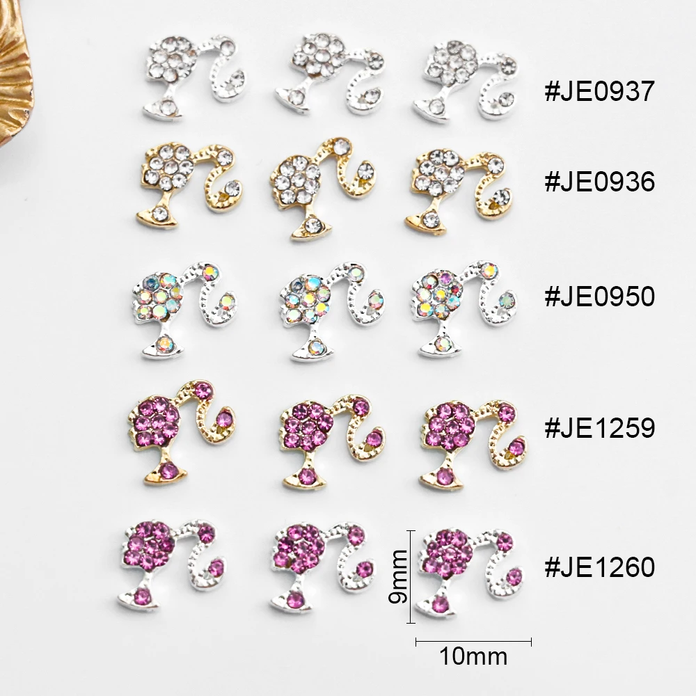 10Pcs 3D Pink/Red Glitter Diamond Ponytail Girl Nail Charms 9x11cm Gold/Silver Alloy Girl Nail Art DIY Kawaii Girl Nail Jewelry