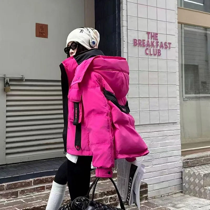 Daunenjacke mit Kapuze, Damenbekleidung, 2025, neues Spleißen, modisch, vielseitig, kurz, locker, Damen-Daunenjacke, weiblich, Parker H567
