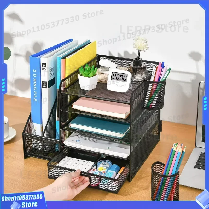 5 Tier Metal Mesh File Organizer Vertical Desktop Document Holder Office Stationery Storage Rack Wire Tray for Home Workspace