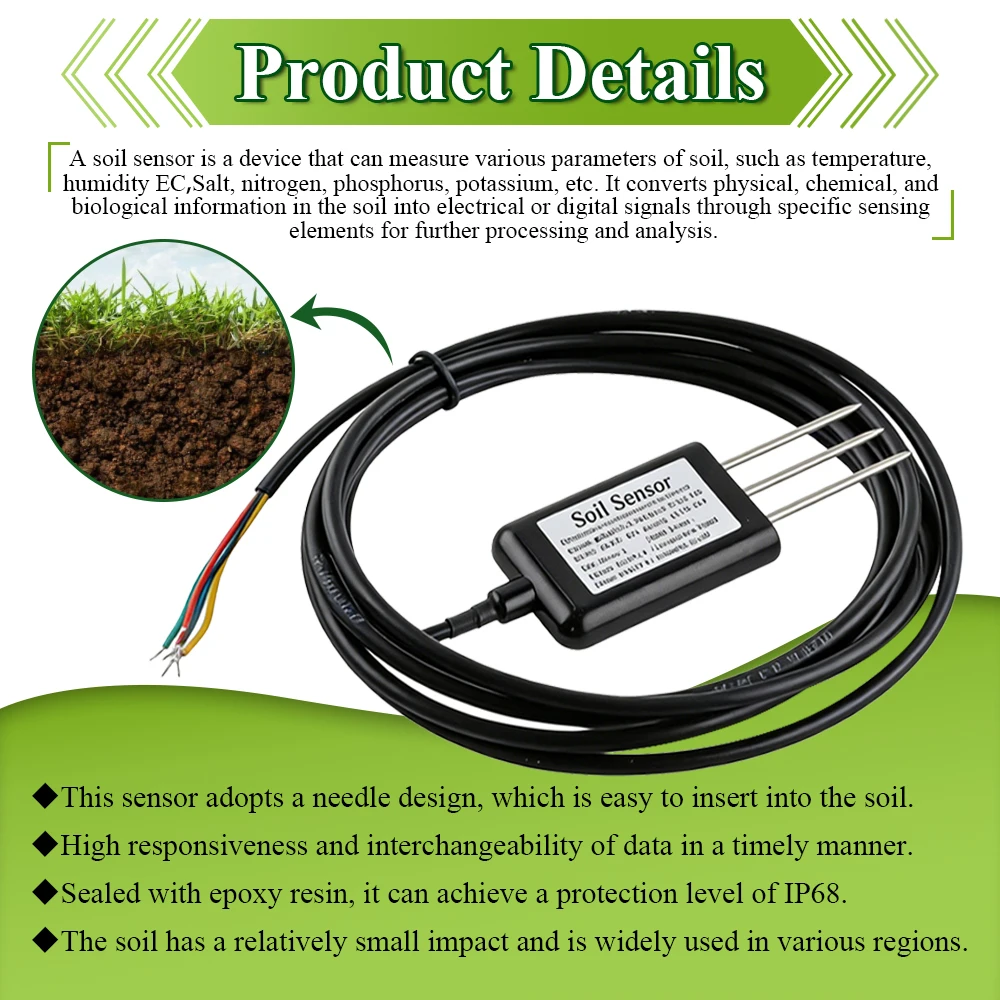 High Precision Soil Temperature Humidity Sensor Probe RS485 Output OEM 2M-12M Soil Moisture Detector Sensors IP68 Protection