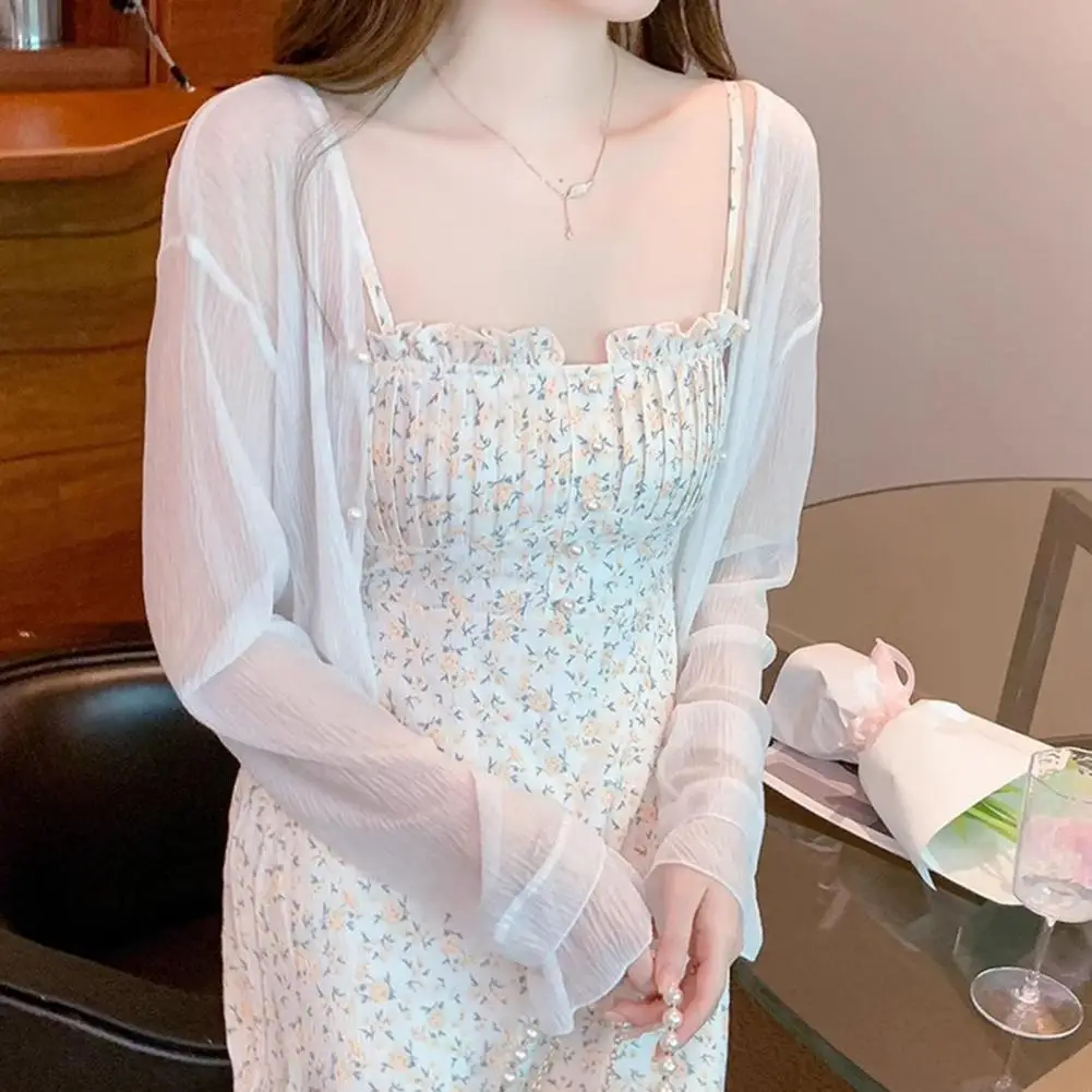 Women's Mesh Sheer Sun Jacket Long Sleeve Button Down Sun Shirts UV Protection Short Shawl Top Summer Beach Female Cover Up