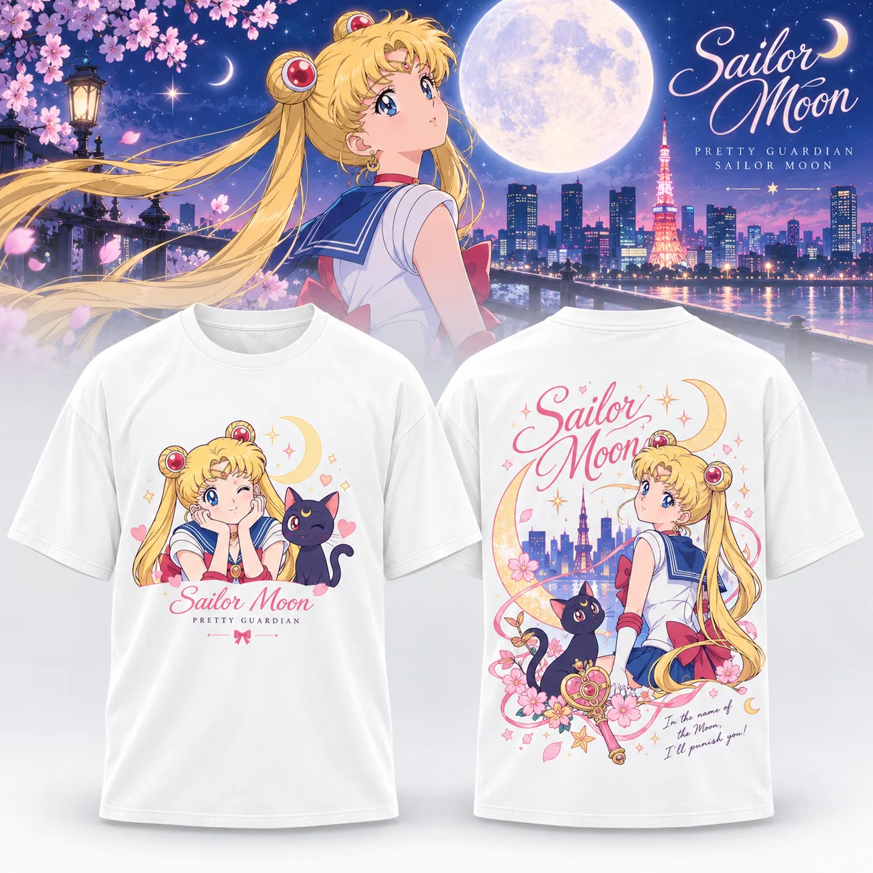 Sailor Moon Anime Magic Moon Retro 90s Tee Men's Women's White Cute Cool Graphic Art Print Oversized Short Sleeve Streetwear Top