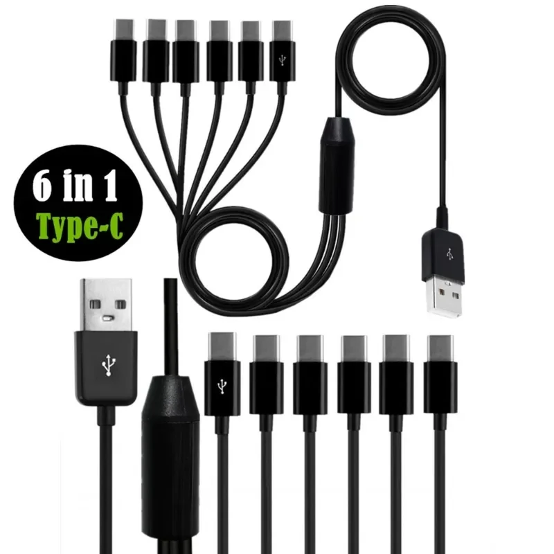 6 In 1 Micro USB/Type C Splitter Cable USB A 2.0 to 6 Micro USB/Type C Data Sync Charing Cable For Phone Tablet Pad