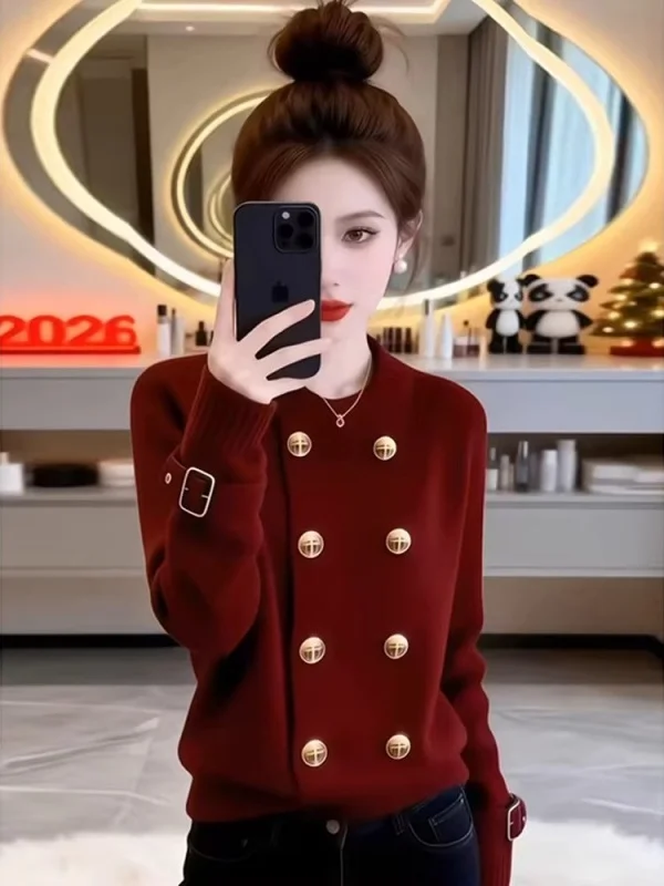 

Retro Wine Red Double Button Knitted Sweater Women's Autumn Winter Slimming Sli Unique Knitted Open Cardigan Casual Sle