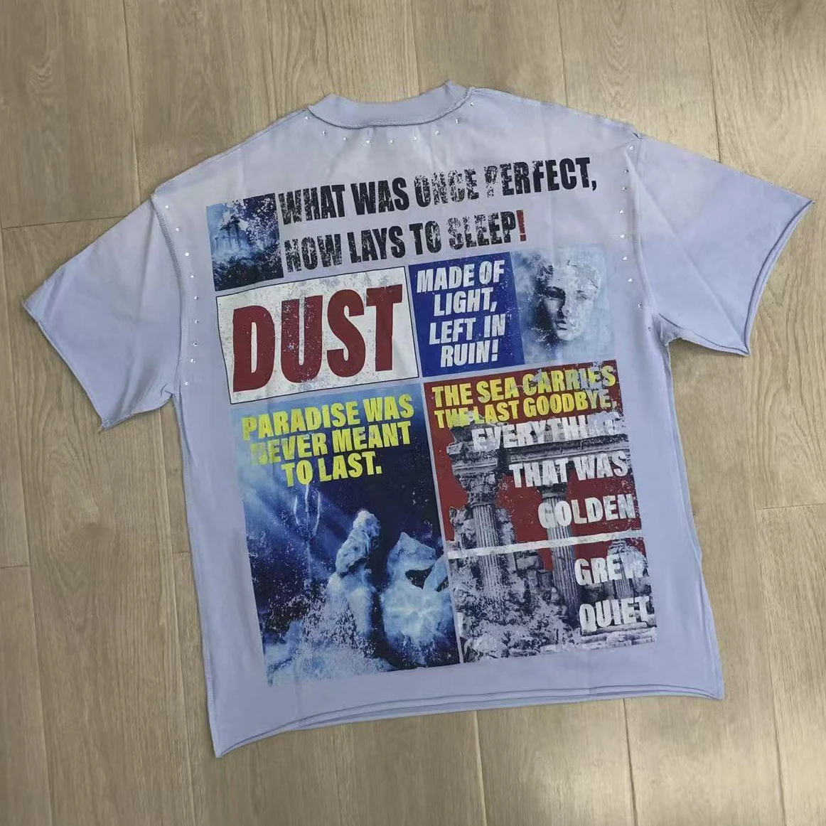 High Street Boxy Fit T-Shirt First Row Graphic Print Statue Art Tee Blue Washed Oversized Streetwear Top Men's Women's Clothing