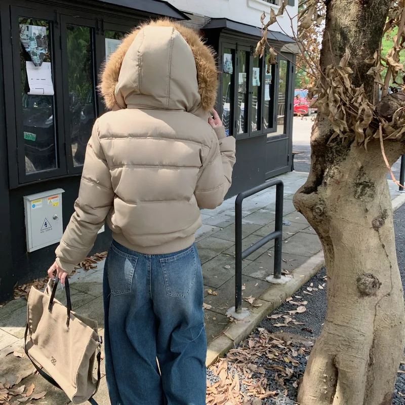 PinkyIsBlack Korean College Big Fur Collar Hooded Cotton Padded Jacket Women's Winter 2025 New Thick Short Puffer Jacket Clothes