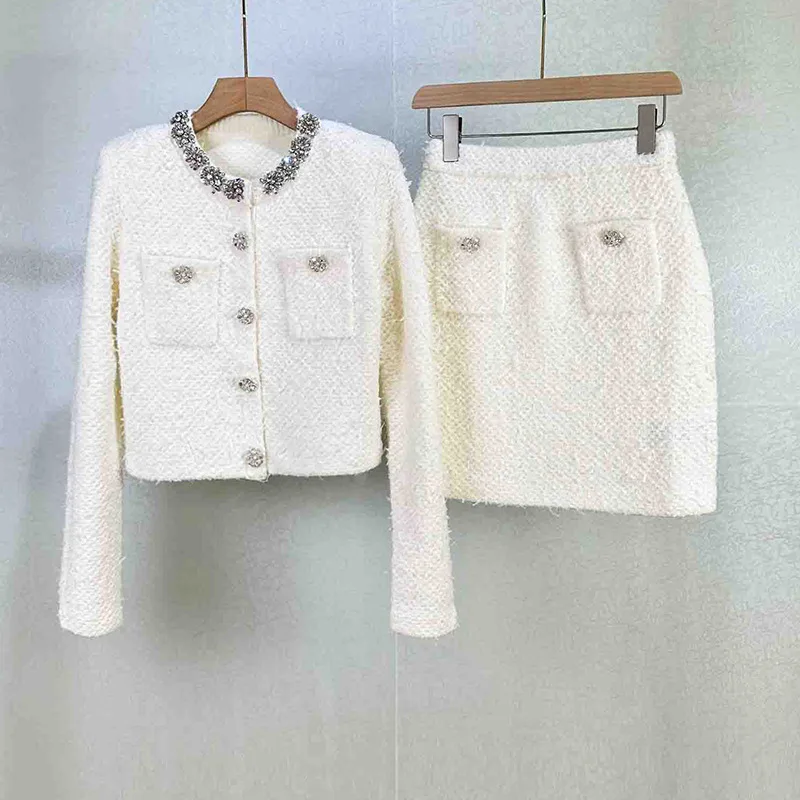 White rhinestone tweed two-piece set Autumn Women's High-end Elegant Light Luxury Suit ropa mujer vestidos 2025 woman traf