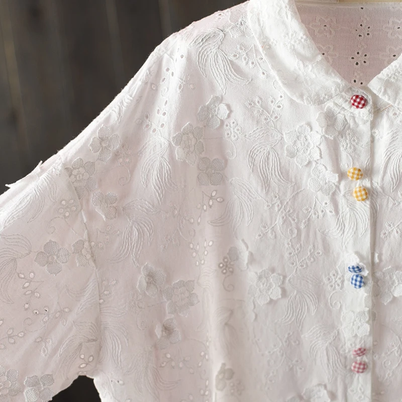 Primavera outono botões coloridos blusa de algodão topos roupas femininas cor branca bordado e camisas e blusas ocas u109