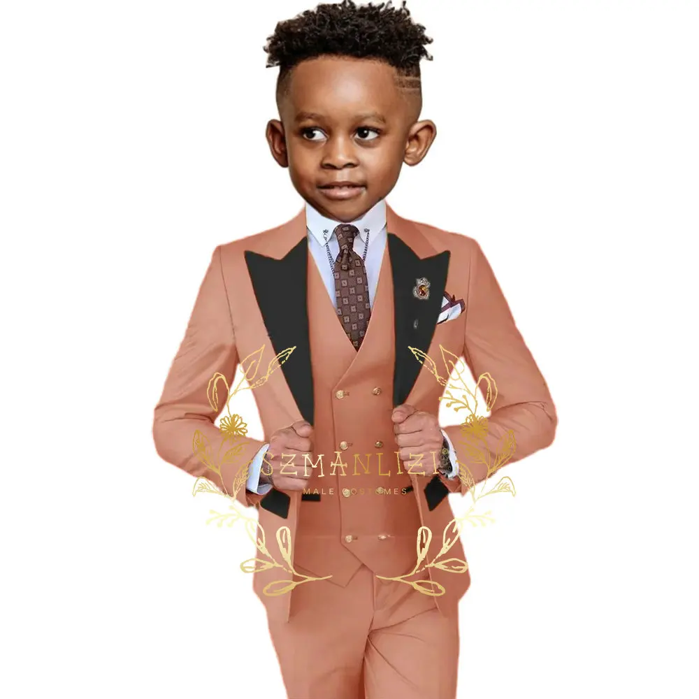 

Peach Boy Suits For Wedding Black Peaked Lapel Jacket Vest Pants 3 Pieces Groom Tuxedo Tailored Made Kids Dress