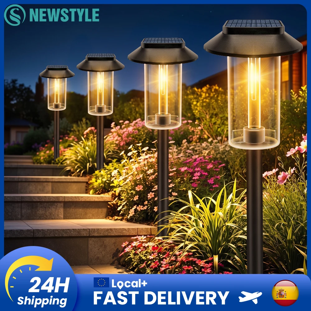 4 luci solari da giardino, eleganti e di grande impatto visivo, con 3 modalità di illuminazione. Facili da installare grazie al semplice sistema di fissaggio con picchetti. Impermeabili IP65. Durante