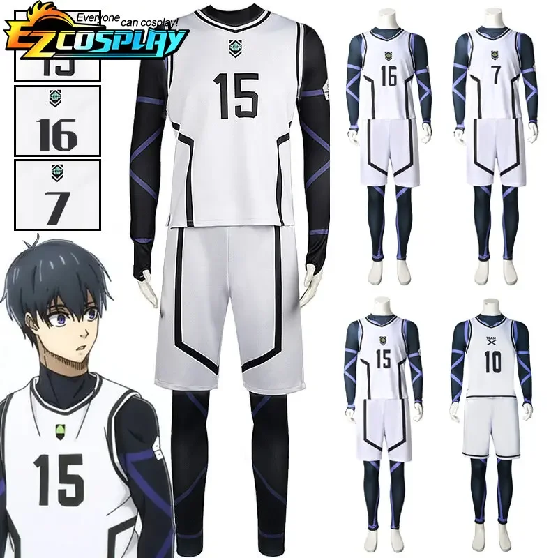 Uniforme Blanc de l'Équipe Yoachi Isagi, Tenue de Cosplay Anime Imbibée de Serrure Bleue Seishiro, Chemise de Football Sportive avec Perruque Luminei Baro